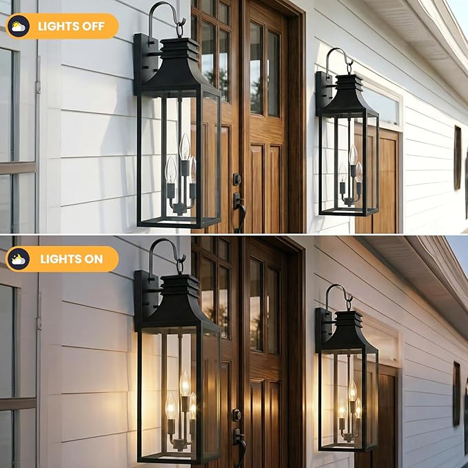 28" Large Outdoor Wall Lights 2 Pack, 3-Light Black Exterior Sconces with Clear Glass, Extra Tall Waterproof Porch Lanterns, Aluminum Alloy Fixtures for Front Door Garage, E12 Socket