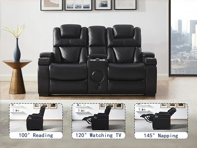 THSUPER Power Breathable Leather Reclining Loveseat with 7-Color LED Light, Living Room Recliner Couch with Adjustable Headrest/USB Port/Wireless Charging/Bluetooth Speaker for Living Room, Black