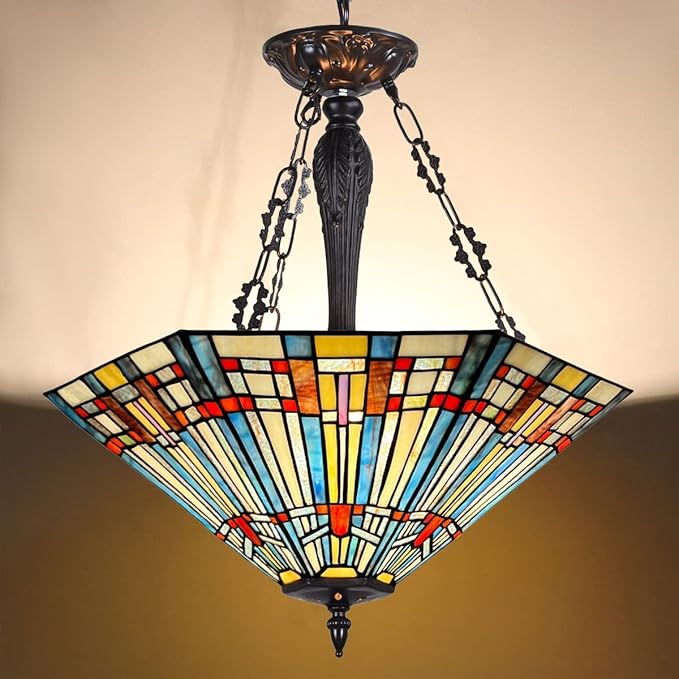 Tiffany Pendant Light Fixtures,22" Wide Stained Glass Inverted Ceiling Pendant for Dining Room,Antique Style 3 Lights Hanging Lamp for Living Room Kitchen Entryway