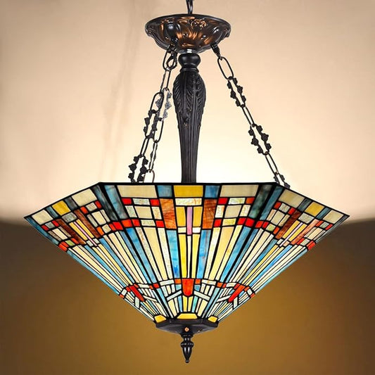 Tiffany Pendant Light Fixtures,22" Wide Stained Glass Inverted Ceiling Pendant for Dining Room,Antique Style 3 Lights Hanging Lamp for Living Room Kitchen Entryway