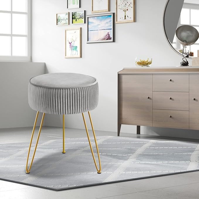 GERANT Multifunctional Vanity Stool,Modern Stools for Makeup Room,Velvet Round Ottoman Footrest Stool with Metal Legs, Upholstered Pleated Chair Living Room,Office, Artistic Gray, (ZG001)