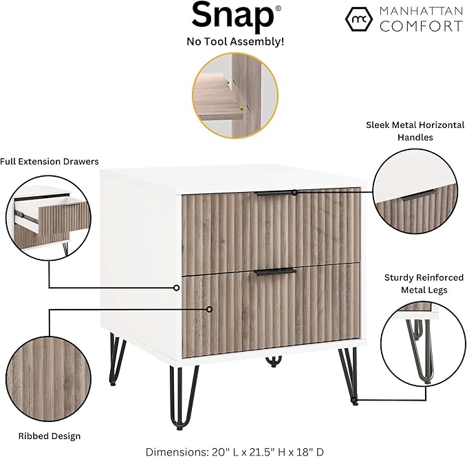 Manhattan Comfort Dumbo Modern Nightstand 2.0 with 2 Drawer & Metal Feet | Splayed Gold Legs | Vertical Ribbed Design | No Tool Assembly Storage for Bedroom, Set of 2, Set of 2, White and Rustic Grey