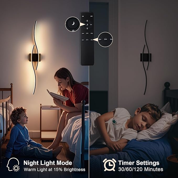 Battery Operated Wall Sconces Set of Two with Remote Control, Dimmable/3 Color/Night-Light/Timer/Memory, Black Modern Wireless LED Sconce for Living Room, Hallway, Bedroom, 39.3 Inch (2 Pack)