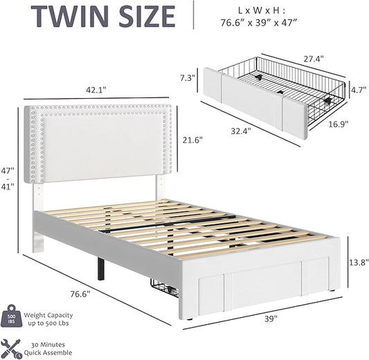 VECELO Twin Platform Bed Frame with Storage Drawer, Adjustable Velvet Rivet Headboard, Wooden Support, No Box Spring Needed, Easy Assembly