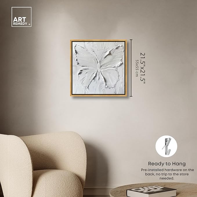 Art Remedy White Butterfly Canvas Elegant White Gold Wall Art, Gold Frame, 20" x 20"