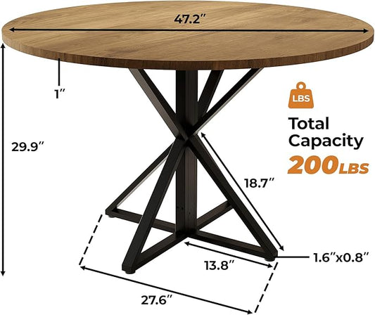 IDEALHOUSE 47 Inch Round Dining Table for 4, Farmhouse Kitchen Table with Metal K-Base, Brown Circle Wood Table for Dining Room, Kitchen, Apartment & Living Room (Table Only)