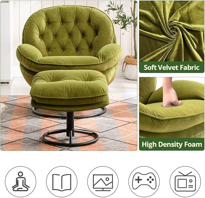 Velvet Swivel Accent Chair with Ottoman Set, Modern Lounge Chair with Metal Base Frame & Footrest, Comfy Single Leisure Sofa Chair Reading Chair with 360 Degree Swiveling for Living Room, Fruit Green