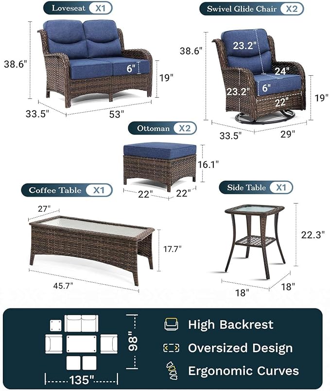 High Back Outdoor Furniture with Extra Thick Cushion Patio Swivel Rocking Chairs, Comfort Loveseat, 7PCS Oversized Wicker Conversation Set for Porch, Deck, Yard in Blue
