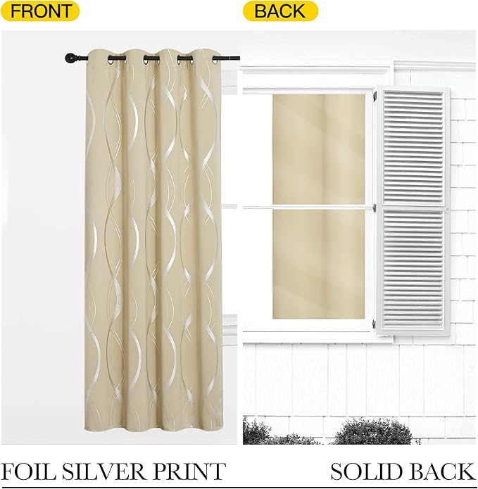 NICETOWN Blackout Curtains Panels for Bedroom, Biscotti Beige, 2 Panels, 42 x 72 Inch, Microfiber Noise Reducing Thermal Insulated Wave Line Foil Print Design Curtains for Patio Sliding Glass Door