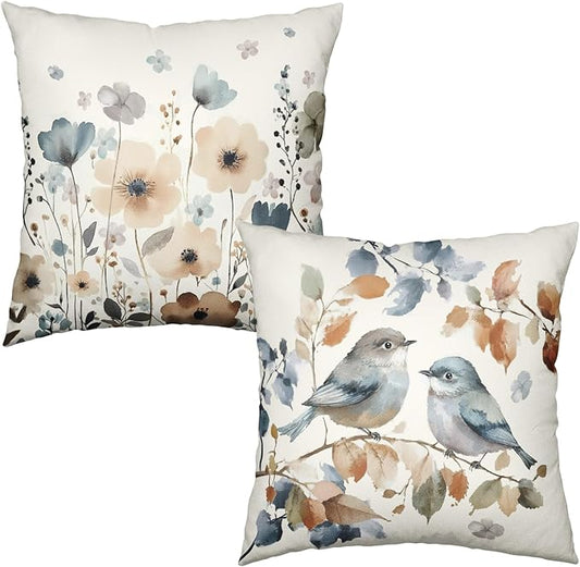 Fall Flower Bird Chinoiserie Pillow Covers 22x22 Set of 2 Burnt Orange and Blue Flowers Leaves Decorative Throw Pillows Covers Autumn Outdoor Cushion Cases for Home Couch Sofa