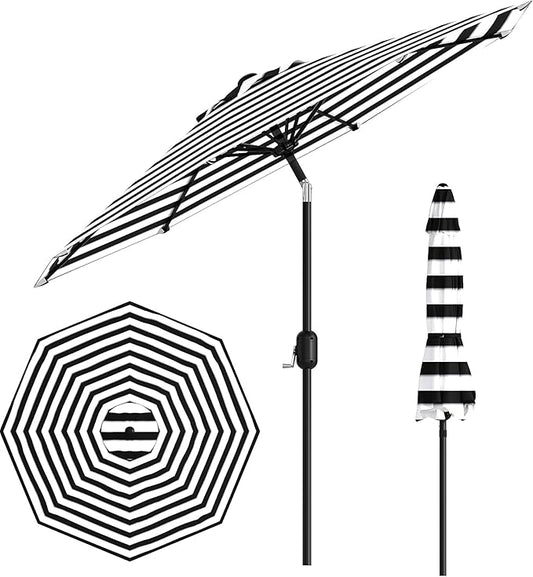 GarveeLife 9 ft Outdoor Patio Umbrella, Table Market Umbrella with Push Button Tilt and Crank, 8 Sturdy Ribs UV Protection Waterproof for Garden, Deck, Pool (Black-and-white striped)