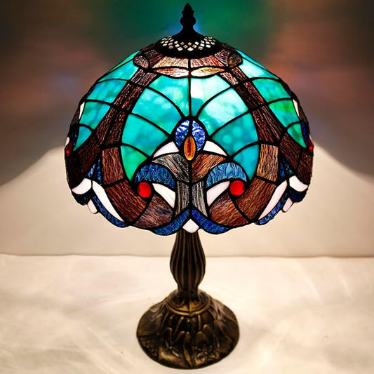 WERFACTORY Tiffany Style Lamp Green Liaison Stained Glass Bedside Table Lamp Reading Desk Light 12X12X18 Inches Decor Nightstand Bedroom Living Room Home Office S160G Series
