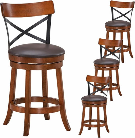 ERGOMASTER Swivel Bar-Stools Rubber Counter Height Barstool 24 Inch Seat Height Bar Chair Cappuccino X Open Back Heavy Duty for Kithcen Dining Bar（ 24 Inches, Set of 4）