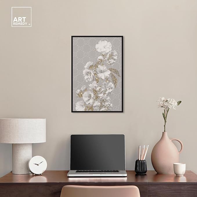Art Remedy Floral in Classic Fashion Canvas Delicate Farmhouse Wall Art, Black Frame, 16" x 24"