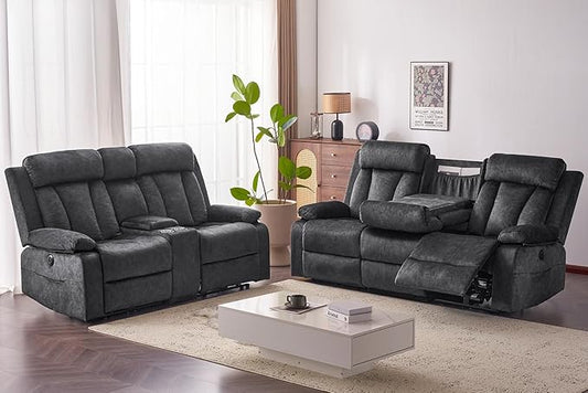 Velvet Power Recliner Sofa Living Room Set, Electric Loveseat Reclining Sofa Couch with Massage & Heat/Console/Cup Holder/USB & Type C, Modern Living Room Furniture Sofa Set (Gray)
