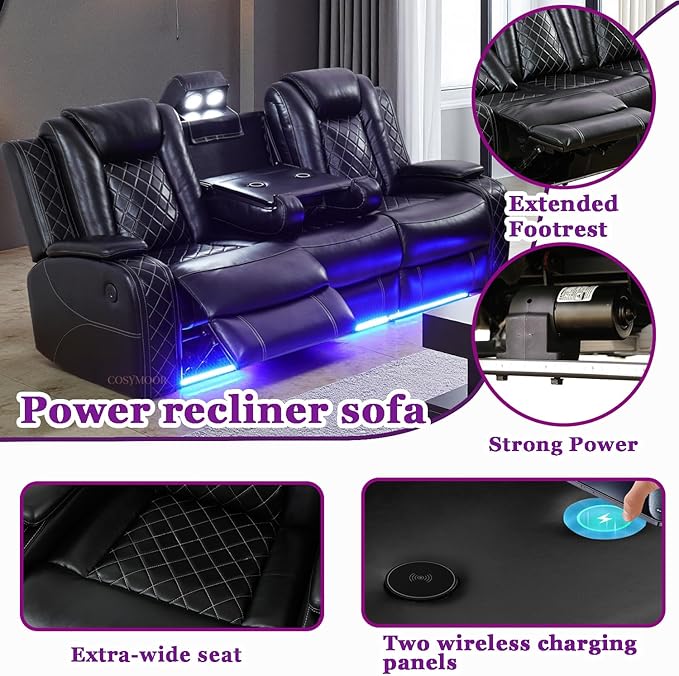Power Recliner Sectional Sofa Couches with LED Lights for Living Room, Black Leather Wall Hugger Reclining Corner Couch Sets with 4 Home Theater Seat, USB Port, Cup Holder, Storage Console