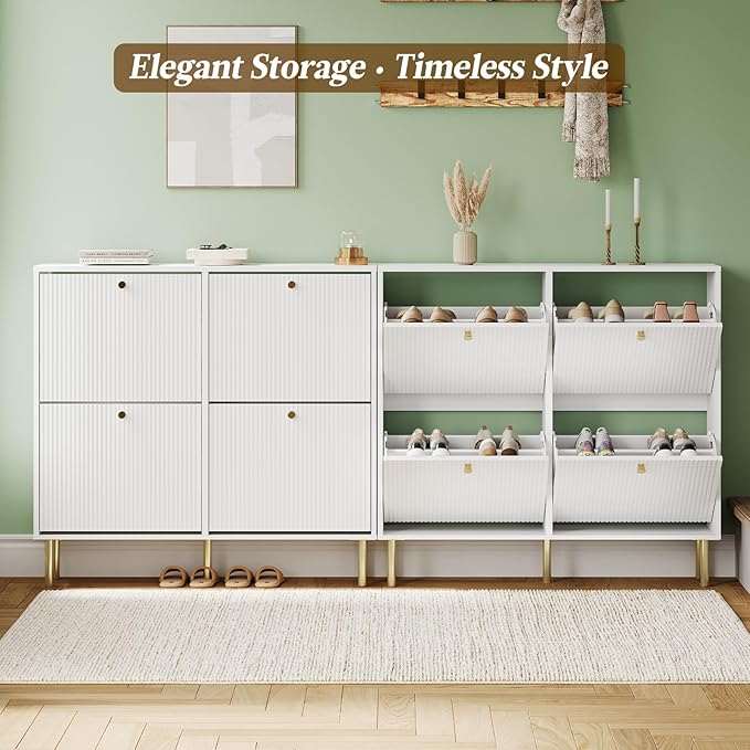 Nicetree Shoe Storage Cabinet for Entryway - 4 Flip Drawers Shoe Cabinet with Tiered Fluted Design - Slim Shoe Storage Rack with Gold Legs - Narrow Shoe Cabinet Hidden Shoe Organizer for Small Spaces