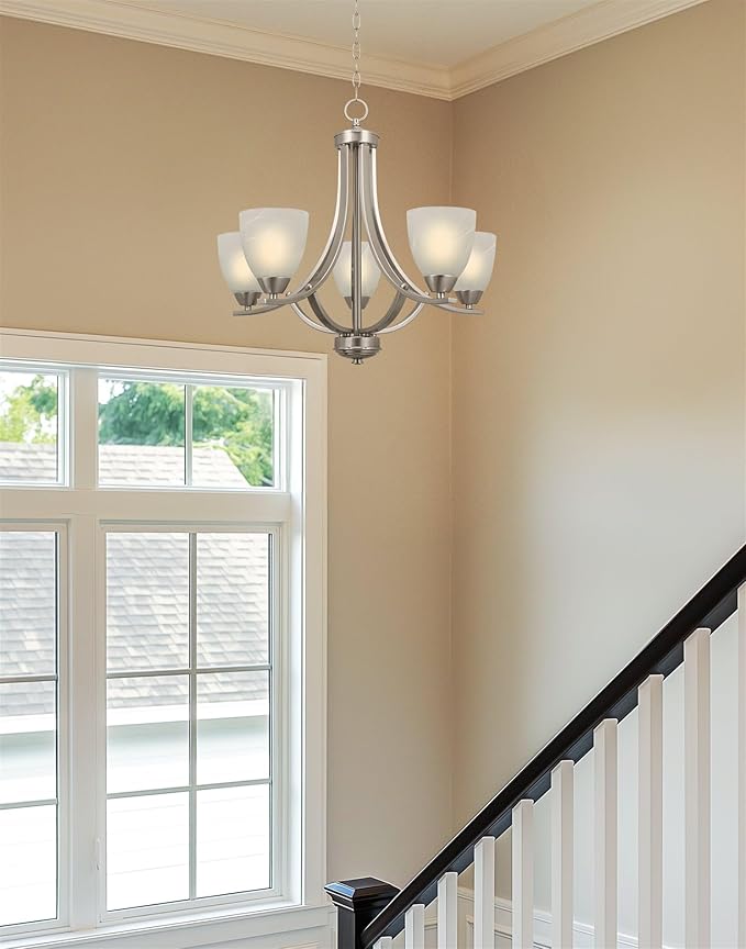Kira Home Weston 24" Contemporary 5-Light Large Chandelier + Alabaster Glass Shades, Adjustable Chain, Brushed Nickel Finish