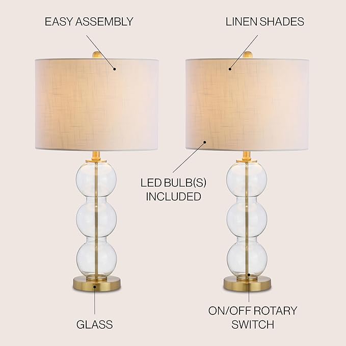 JONATHAN Y 27" Clear/Brass Triple-Sphere Glass Table Lamp Set of 2, Bedside, White Linen Shade, Modern Table Lamps for Living Room, Bedroom, Office, LED Bulbs Included JYL1070A-SET2