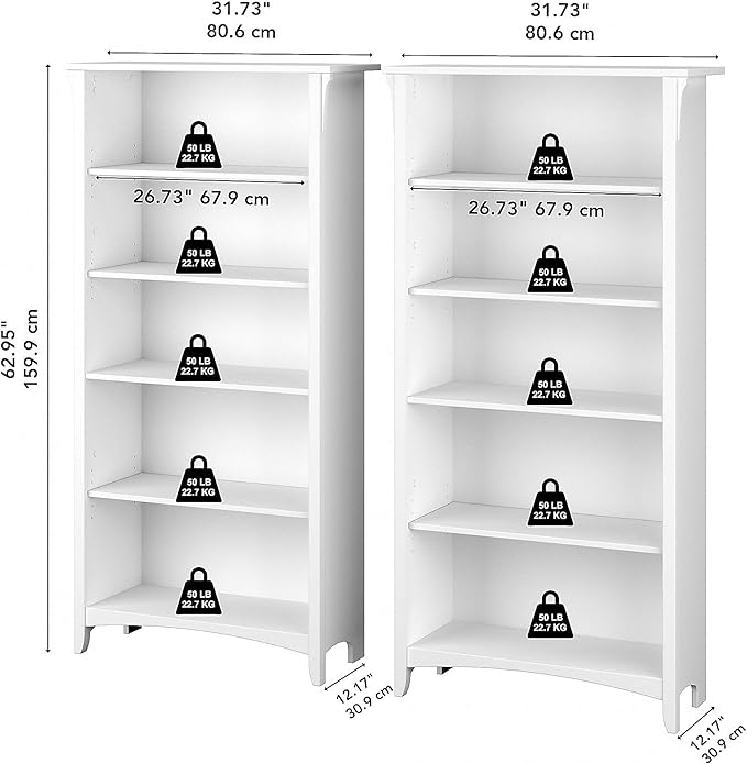 Bush Home Salinas Tall 5 Shelf Bookcase - Set of 2 in Shiplap Gray and Pure White, Vertical Office Storage, Bookshelves for Home Workspace, Multi-Purpose Shelving Units