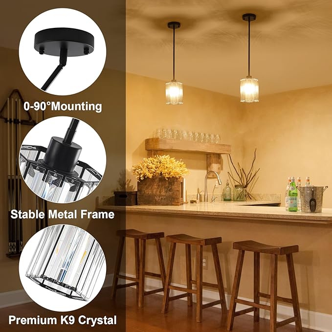 Crystal Pendant Lights for Kitchen Island, Modern Black Kitchen Hanging Pendant Light Fixtures, Black Hexagonal Mini Crystal Chandeliers for Dining Room, Hallway, Foyer, Entryways
