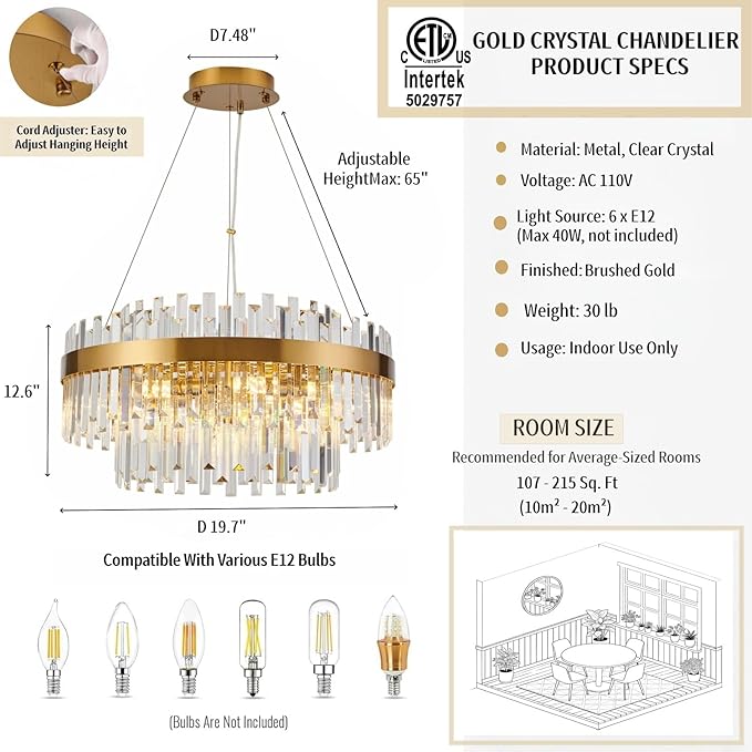 Modern Luxury Brushed Brass Gold Crystal Chandelier, 6-Light 2-Tier Raindrop Round Pendant Ceiling Light for Dining Room,Kitchen Island,Foyer,Bedroom,Entryway - 19.7" D,E12 Base