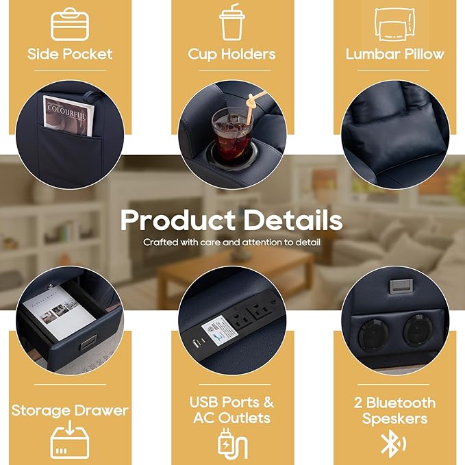 IPKIG Power Recliner Sofa with Flip-Up Backrest Console, USB & USB-C Ports, AC Outlet, LED Lights, Wall Hugger Recliners for Living Room, RV (Dark Blue, 67" - 3 Seat) | Breathable Leather, Zero Gravity, Dual Reclining, 2 Lumabr Pillow, Bluetooth Speakers