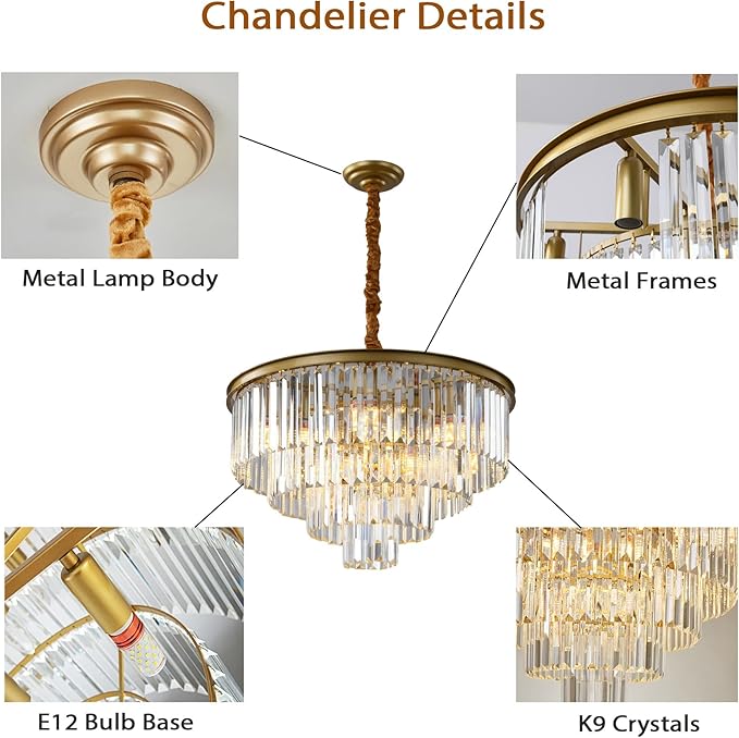 Gold Modern Crystal Chandelier Lighting K9 Round Chandelier Hanging Ceiling Light Fixture 4-Tier Contemporary Pendant Light for Dining Room Living Room Bedroom