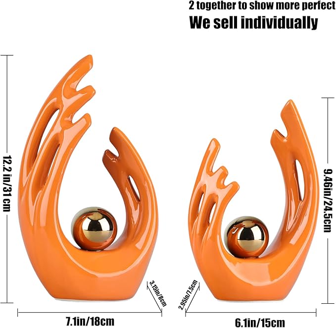 9.5"H Orange Gold Aesthetic Room Decor Accent, TV Stand Funky Table Centerpiece, Abstract Art Ceramic Statue and Sculpture, Orange Decor for Living Room, Bookshelf Decorative Objects, Shelf Decor