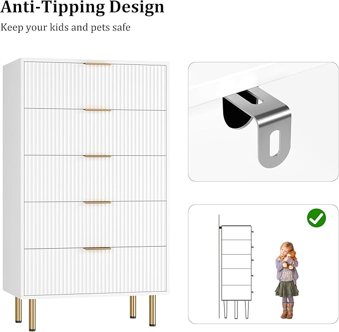 GAOMON 5 Drawer Dresser,Fluted Dresser for Bedroom,47.9" Tall Dressers Chest of Drawers,Wood Tall Dressers with Metal Handle for Closet, Living Room, Entryway