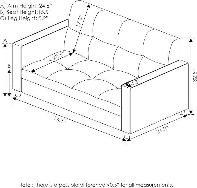 Furinno Brive Contemporary Tufted Faux Leather Loveseat/Sofa Couch for Living Room, Black Faux Leather