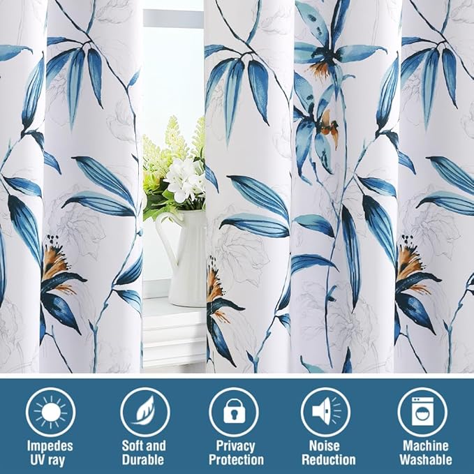 H.VERSAILTEX 100% Blackout Curtains 96 inch Length 2 Panels Set Printed Drapes Thermal Insulated Curtains for Bedroom with Black Liner Sound Proof Curtains, Bella Vista Indigo