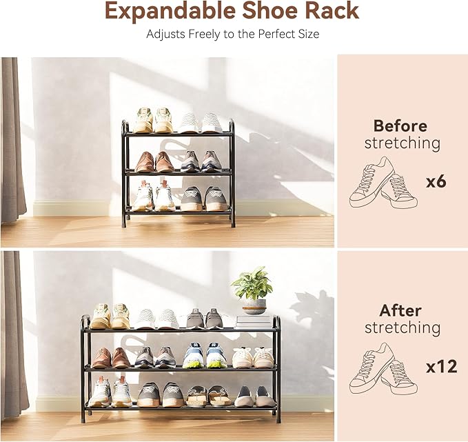 SUFAUY 3 Tier Expandable Shoe Rack for Closet,18“-32”Wide Adjustable Metal Shoe Organizer Cabinet Storage, Black
