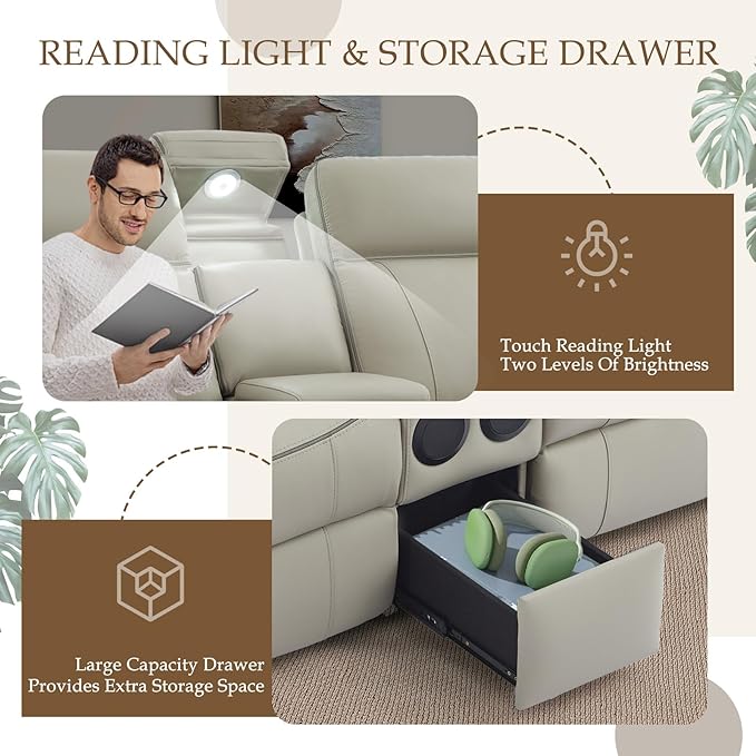 Power Reclining Loveseat with LED Reading Light/Storage Drawer/Bluetooth Speakers, Power Loveseat Recliner Sofa Wall Hugger Reclining Loveseat with Outlets(Grey, 2 Seat with Console)