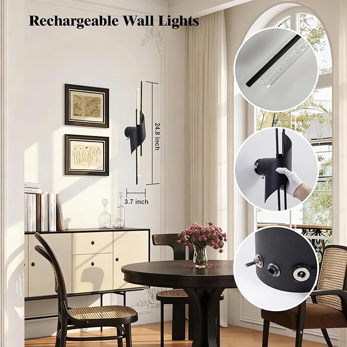 camuucci Battery Operated Black Wall Sconces Set of Two,Modern Wireless Wall Lights,LED Rechargeable 12000mAh Not Hardwired Remote Control Dimmable Wall Lamp Fixtures for Bedroom (Black, 25 Inches)