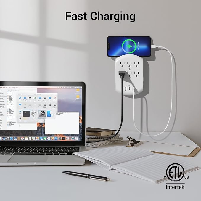 Clear Power 2-Pack USB Wall Charger, 6-Outlet Extender Wall-Tap with 2 USB Charging Ports(1 USB-C) & Nightlight, Multi-Plug Outlets, 3-Prong, White, DC3S-10052P-DC