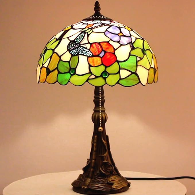 Tiffany Table Lamp Stained Glass Lamp 12X12X19 Inch Antique Reading Light (Butterfly Flowers)