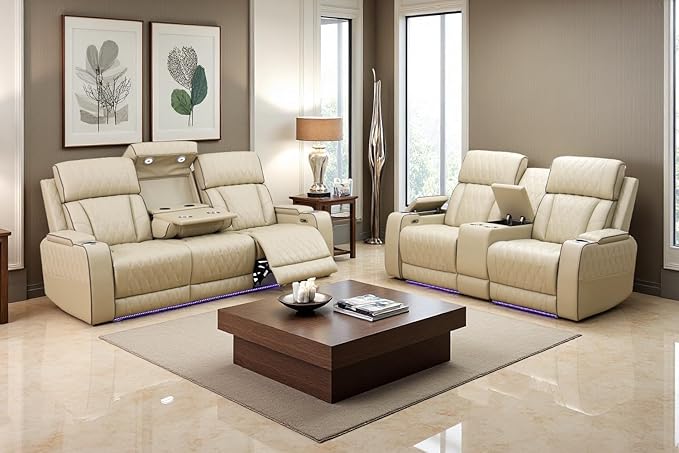 A Ainehome Power Leather Recliner Sofa Sets with LED Lights, Recliner Couch Sectional Couches for Living Room, Reclining Sofa and loveseat, Storage Console (Khaki,Sofa+loveseat)