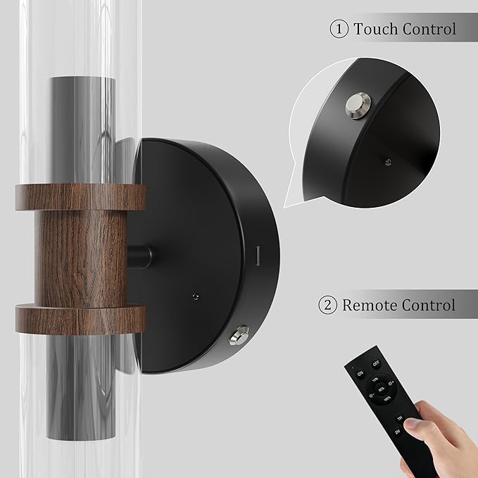 Battery Operated Wall Sconce Set of 2, Black & Walnut Rechargeable Wall Sconces, Modern Cordless Wall Lights with Remote Control, Dimmable for Living Room, Bedroom, Bathroom, Hallway, Entryway 3000K