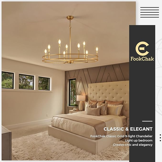 Brushed Gold Chandelier Light Fixture 9-Light Round Dining Room Chandelier Over Table Brass Chandeliers Lighting for Master Bedroom 35in Metal Chandeliers for Living Room Foyer Bathroom