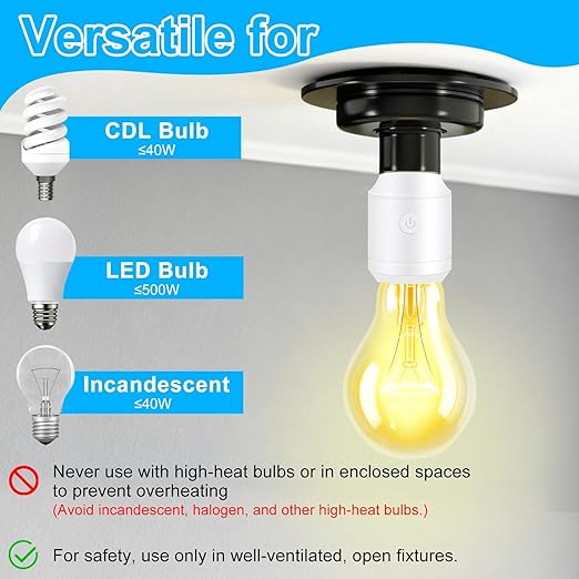 Remote Control E26 E27 Light Bulb Socket Adapter,GreenCyle Standard Medium Base Lamp Socket Extender 2.3"(5.8cm),Screw-in Light Socket,Max 500W,No Wiring Needed,500ft RF Range,for Lamp,Home & Office