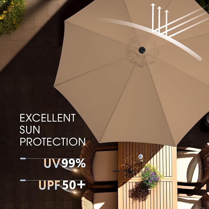 wikiwiki 9FT Patio Umbrella with Base, Outdoor Umbrellas with Base Included, 8 Sturdy Ribs, Waterproof Fade Resistant POLYESTER DTY Canopy for Deck, Lawn, Garden, Backyard & Pool, Tan