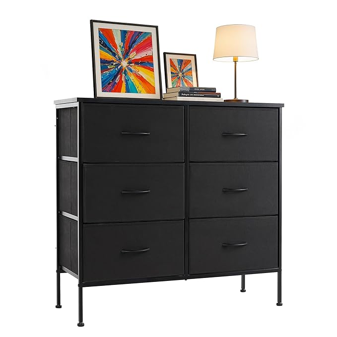 6-Drawer Fabric Dresser, Chest of Drawers Clothes Cabinet for Closet & Bedroom, Storage Organizer with Steel Frame for Entryway, Dorm, Living Room, Black