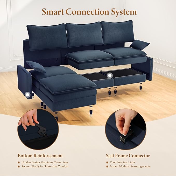 Vesgantti 101" V-Shaped Corner Couch Sectional, 7 Seat Customizable Modular Cloud Couches with Movable Ottoman, Chenille Deep Seat Sofa Set with Chaise for Living Room, Bedroom and Apartment, Blue | Sink-in Comfort, Height Adjustable, Easy Rearrangemen...