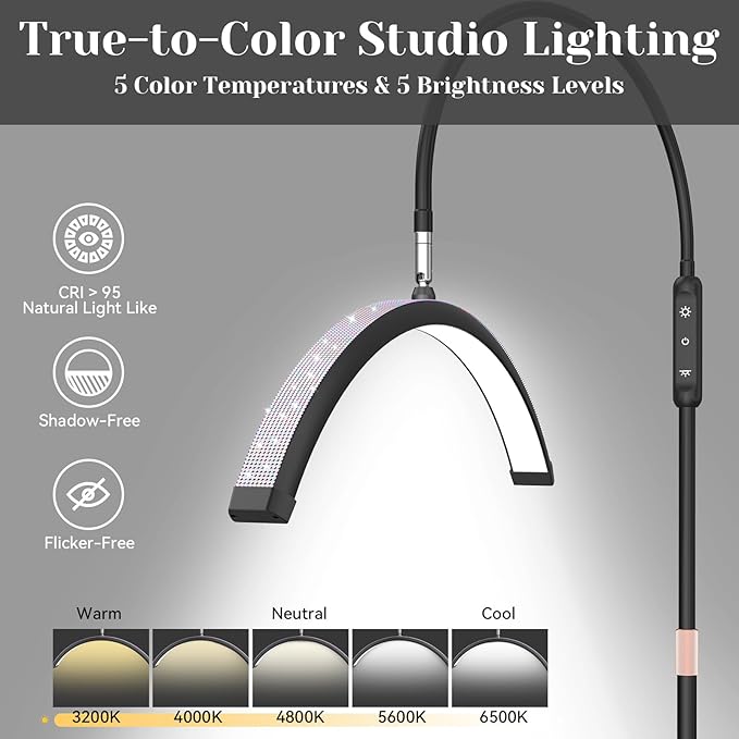 Bling Lash Light for Eyelash Tech, Flexible Neck Led Half Moon Light Floor Lamp for Eyelash Extensions/Tattoo Artists/Estheticians, Sparkly Lash Lights, with Stand Tray, Crystal Diamond