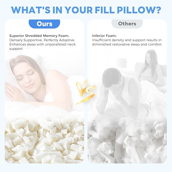 Cooling Bed Pillows for Sleeping 2 Pack Shredded Memory Foam Pillows Queen Size Set of 2 Adjustable Supportive Pillow for Back Stomach Side Sleepers Washable Removable Cover