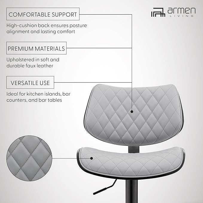 Armen Living Leland Adjustable Grey Faux Leather and Black Finish Bar Stool