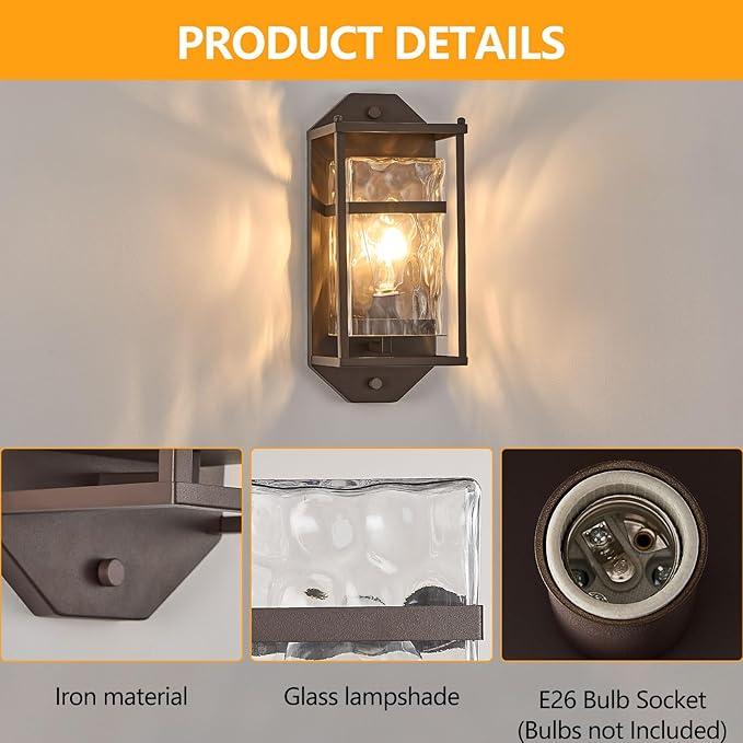 Brown Outdoor Wall Sconce,Waterproof Exterior Light Fixture with Glass Shades & E26 Sockets, Porch Wall Mount Lighting Brightens to Garage,Patio,Front Door