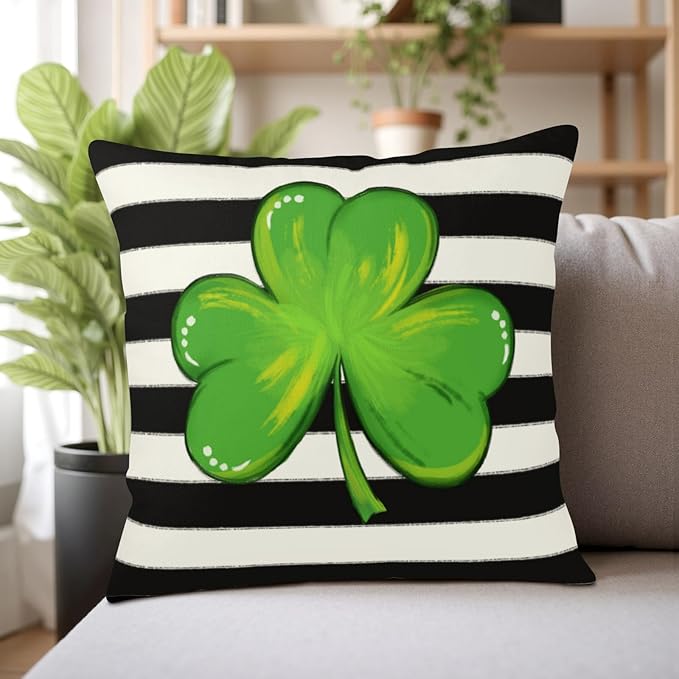 St Patricks Day Throw Pillow Covers 24x24 Set of 2 Black White Striped Green Shamrock Clover Pillow Covers Holiday Spring St Patricks Decorative Pillow Cases for Bed Couch Sofa