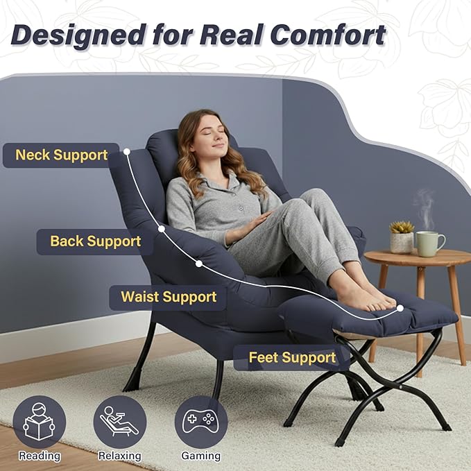 Cozy Lazy Chair and Ottoman, Large Navy Contemporary Accent Chair Set, Modern Leisure Upholstered Reading Armchair for Bedroom, Living Room, Dorm Rooms, Office, Balcony